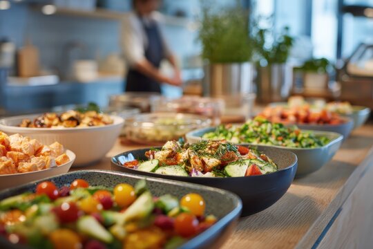 Healthy corporate cafeteria offering nutritious meal options and fresh food preparation, workplace nutrition program with employee dining environment for wellness and balanced lifestyle benefits.