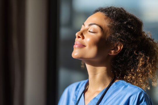 Healthcare caregiver taking personal day for self-care and mental wellness recharge, professional work-life balance support showcasing nurse burnout prevention and emotional health recovery.