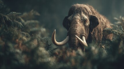 Majestic woolly mammoth portrait in an ancient forest environment