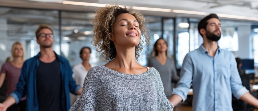 Diverse office workers participating in stress-relief exercise session during workplace break time, supportive team atmosphere for healthy lifestyle promotion and employee wellness concept. - Powered by Adobe