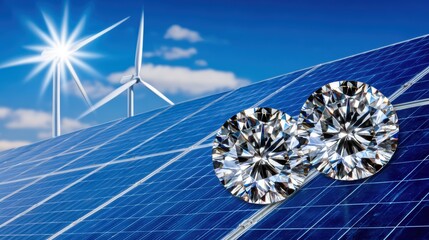 Wind turbines and solar panels with lab grown diamonds. Renewable energy theme clean technology sustainable luxury perfect for green energy investment environmental business concept backdrop.