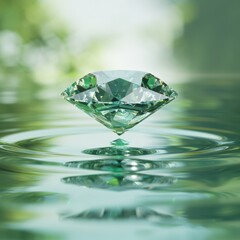 Sparkling lab grown diamond floating above water with ripple reflections emerald green accents symbolizing sustainability renewable energy perfect for ethical luxury environmental business concept.