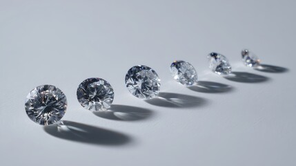 Multiple lab grown diamonds arranged by size and quality grades systematic display perfect for grading classification certification jewelry industry business concept presentation background.
