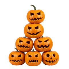 Fototapeta premium Pyramid of spooky jack-o'-lanterns stacked for a festive halloween decoration display isolated on transparent background