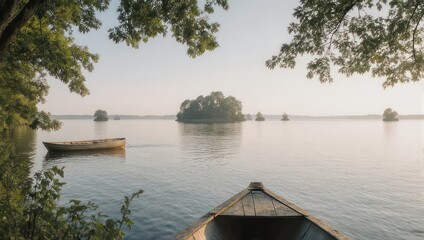 Peaceful lake scene, a small boat in the foreground, islands dot the horizon, soft light
