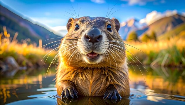 A close-up view of a cheerful, light brown rodent, seemingly a capybara or similar species, with a joyful expression, immersed in a tranquil body of water, set against a backdrop of golden-toned...