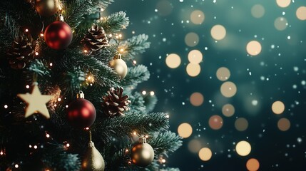 Decorated Christmas tree with bokeh lights on dark background close-up, template for Christmas card design