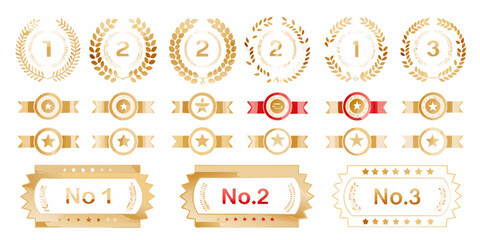 Collection of golden laurel wreaths ribbons and badges representing first second and third place awards