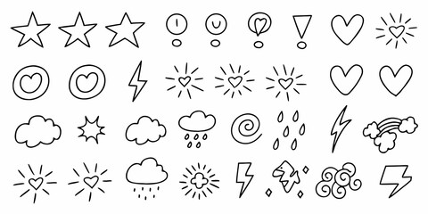 Collection of hand drawn doodle icons and symbols including stars hearts clouds lightning and sunbursts