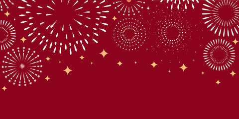 Festive red background with white fireworks and golden stars for celebrations and holidays