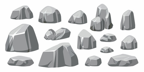 Collection of various grey cartoon rocks and stones isolated on white background