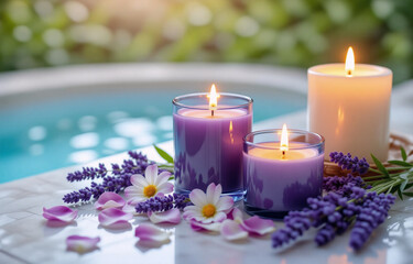 Three lit candles, purple and white, rest on a marble surface near a pool, surrounded by lavender and daisies.  A relaxing spa-like scene.