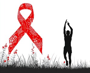 Empowering run for AIDS awareness with vibrant red ribbon and silhouette runner in field, promoting hope and support for global health initiatives