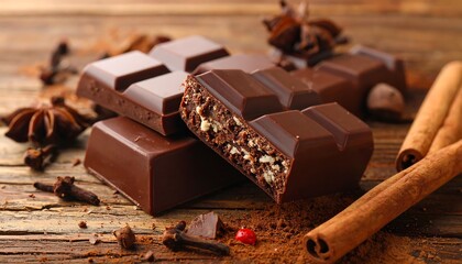 Rich dark chocolate bars with spices and cocoa powder on a rustic wooden table.