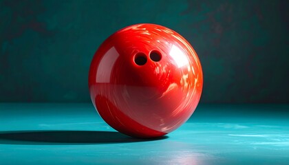 Red Bowling Ball on Teal Background.