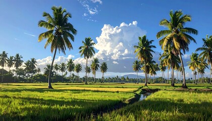 Obraz premium A serene landscape of lush green rice paddies with tall coconut palms under a vibrant blue sky filled with fluffy white clouds.