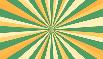 Retro, radiating lines of vibrant green and orange hues create a dynamic, sunburst-like pattern.