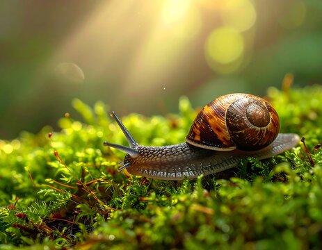 Snail on Moss in Sunlight.