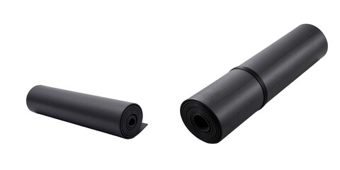 Two black yoga mats rolled up and ready for exercise or workout