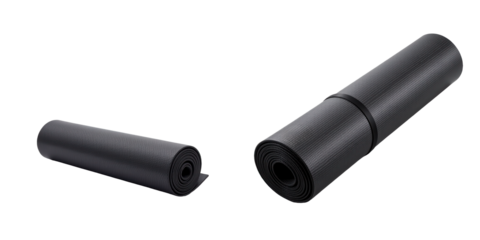 Two black yoga mats rolled up and ready for exercise or workout