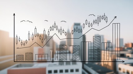 financial freedom independence strategy value concept. Graphical financial data overlaying a city skyline at sunset.
