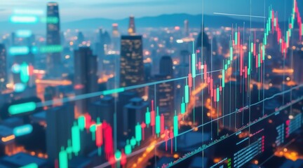 financial freedom independence strategy value concept. City skyline with stock market graphs overlay at dusk.