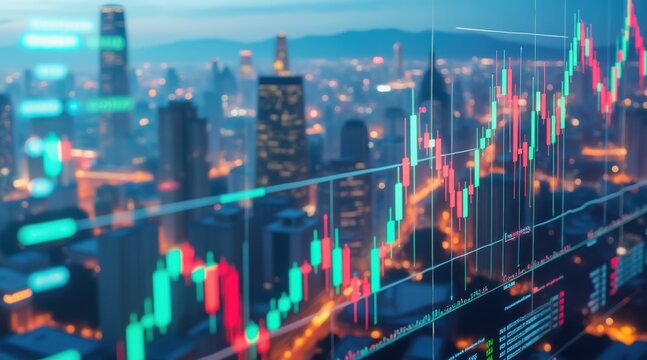 financial freedom independence strategy value concept. City skyline with stock market graphs overlay at dusk.