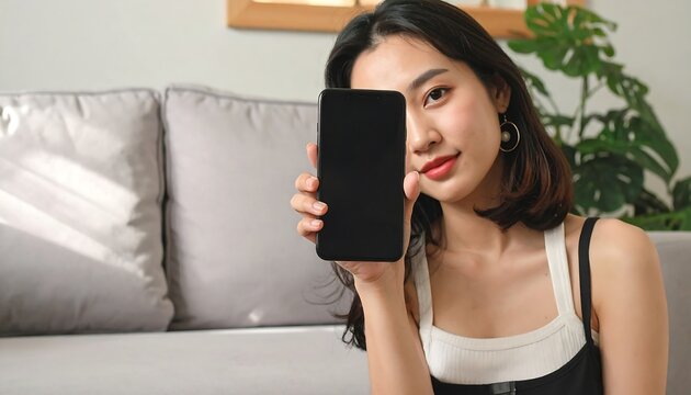 A young woman holds a smartphone, displaying a blank screen, in a relaxed indoor setting.