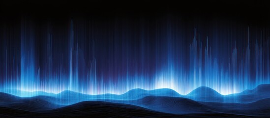 Abstract blue light beams over dark landscape.