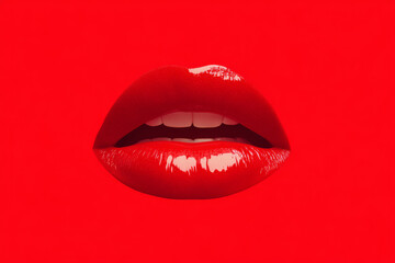 Beautiful red lips on vibrant red background create striking visual impact, showcasing elegance and allure