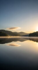 Obraz premium Serene water reflecting mountain landscape at dawn with golden sunrise
