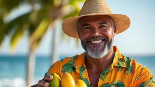 Happy senior man enjoying tropical beach vacation holding mangoes