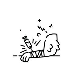 Line Art Illustration of a Person Receiving an Injection with Bandages on Arm and Electrical Symbols Above Head