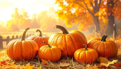 Naklejka premium Rustic autumn harvest background with pumpkins and golden straw under warm sunlight