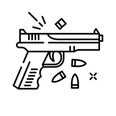 Line Art Illustration of a Pistol Handgun with Scattered Bullets Against a Transparent Background