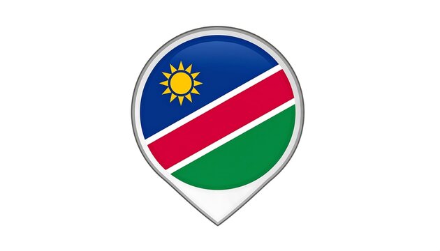 A glossy, map-pin style depiction of the Namibian national flag, set against a plain white background.