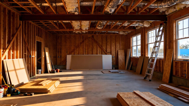 Wood framed house under construction with sunlight illuminating unfinished walls and insulation materials inside interior space