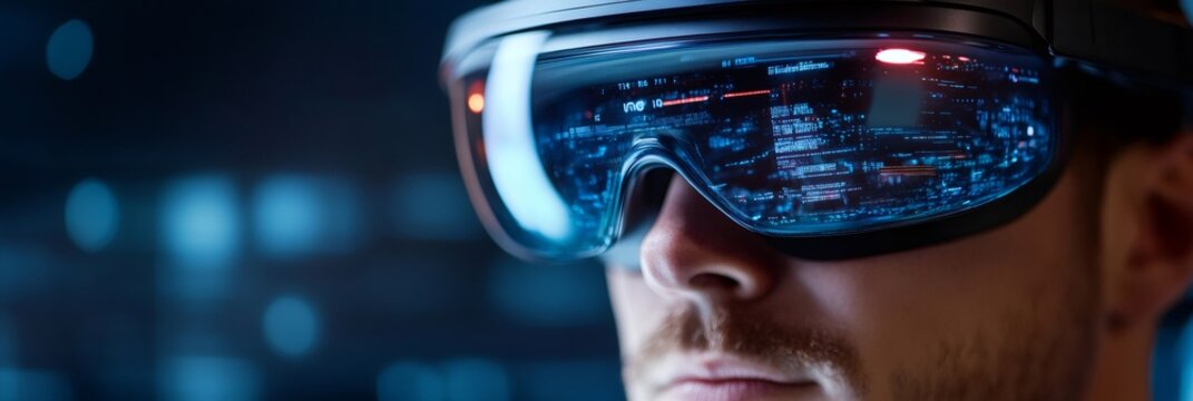 Software engineer wearing augmented reality headset analyzing code in immersive digital environment
