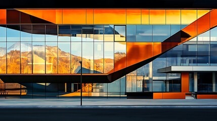 modern building with orange glass facade reflecting mountain sunset for stunning urban architectural design concept