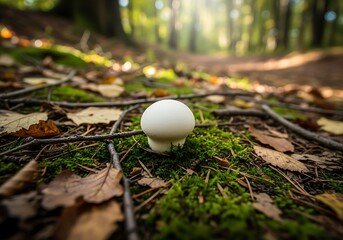 Solitary White Mushroom in Forest - A Study in Natural Simplicity.