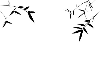 Minimalist illustration of bamboo tree branches with leaves, black silhouettes against plain white background. Traditional Japanese or Chinese ink wash painting (Sumi-e), calm nature and Zen concept.