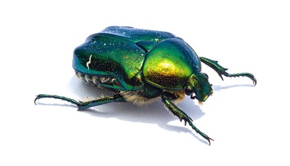 Close-up shot of a vibrant emerald green beetle, showcasing its intricate details against a plain white background.