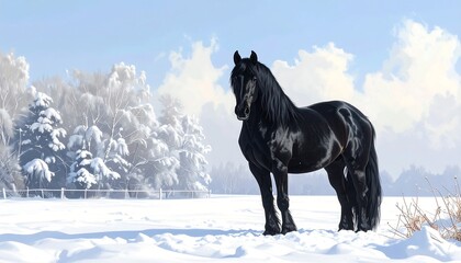 Black Horse in Snowy Landscape.