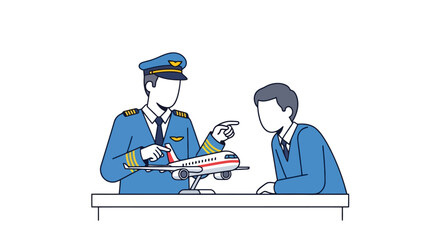 Detailed illustration of a pilot explaining flight procedures using a model airplane, ideal for aviation education, training materials, and travel-related content.
