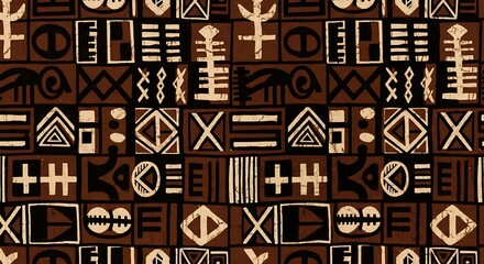 Abstract Seamless Tribal Motif Texture with Ethnic Pattern on Brown Canvas