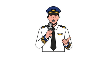 Animated Airplane Pilot Giving a Speech Using a Microphone, Ideal for Aviation Training Materials and Travel Industry Marketing.