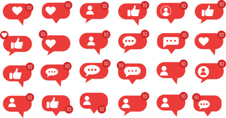 Red Social Media Notification Icons Heart Like Comment Follower Popular Engagement Symbols 10 New Alerts Social Media