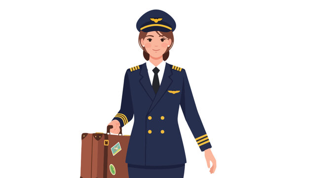 Professional female pilot illustration with suitcase, ready for flight. Promoting aviation careers, travel industry or airline advertising.