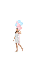 Woman walking with pastel balloons, on white background