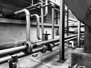 Black and white photo of a complex industrial piping system with large flanges, gate valves, and...